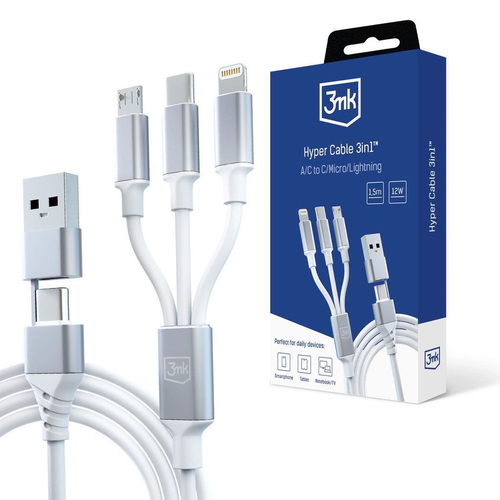 3mk Hyperkabel 3in1 USB-A – USB-C / USB-C – Micro-USB – Lightning 1,5 m – Weiß