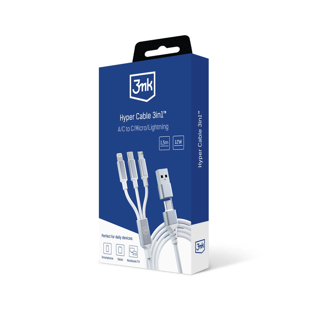3mk Hyperkabel 3in1 USB-A – USB-C / USB-C – Micro-USB – Lightning 1,5 m – Weiß