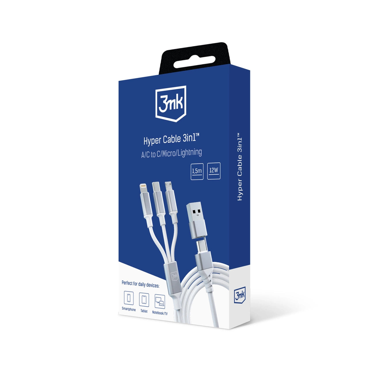 3mk Hyperkabel 3in1 USB-A – USB-C / USB-C – Micro-USB – Lightning 1,5 m – Weiß