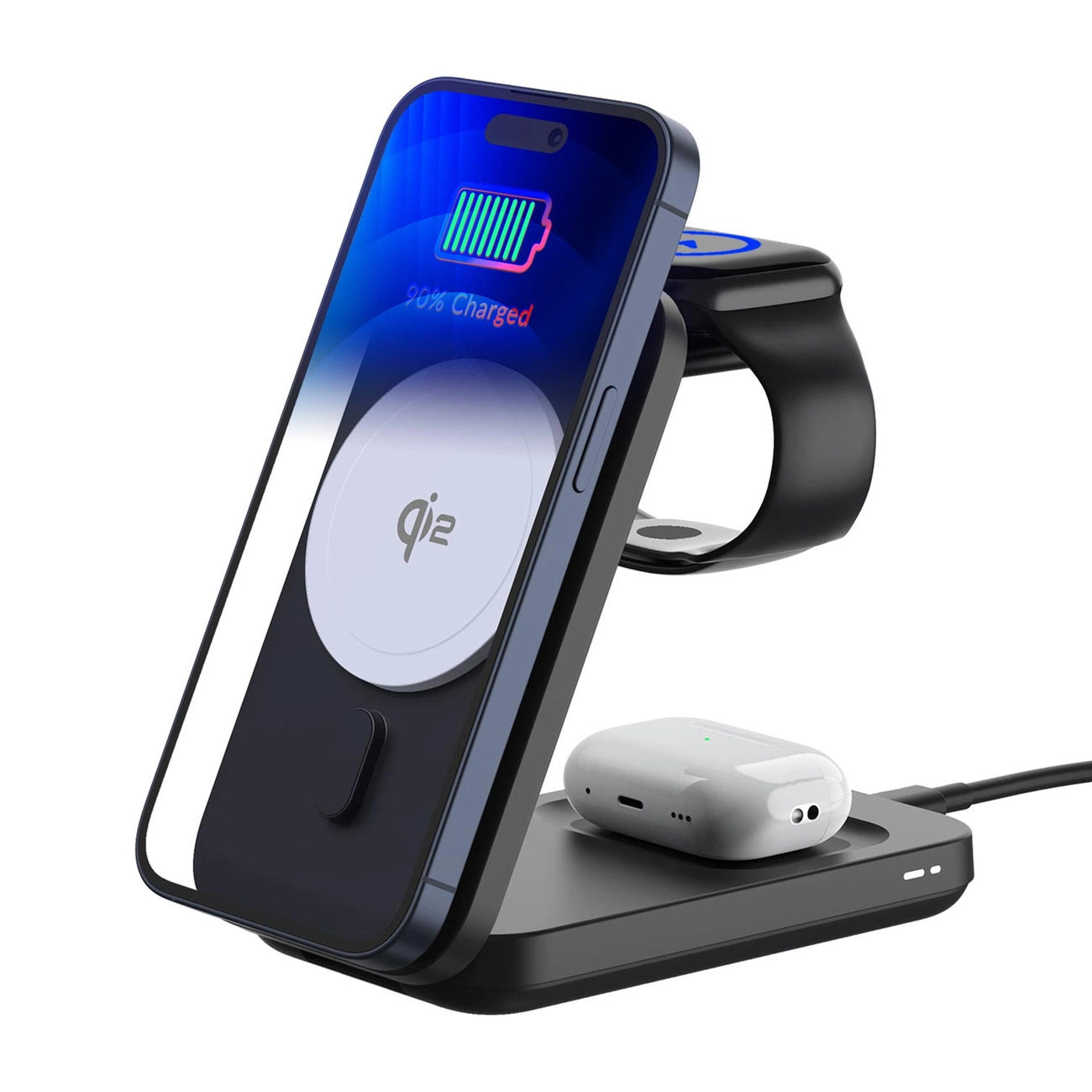 3mk MagRocket 3-in-1 15W Qi2 MPP MagSafe Kabelloses Ladegerät - Schwarz