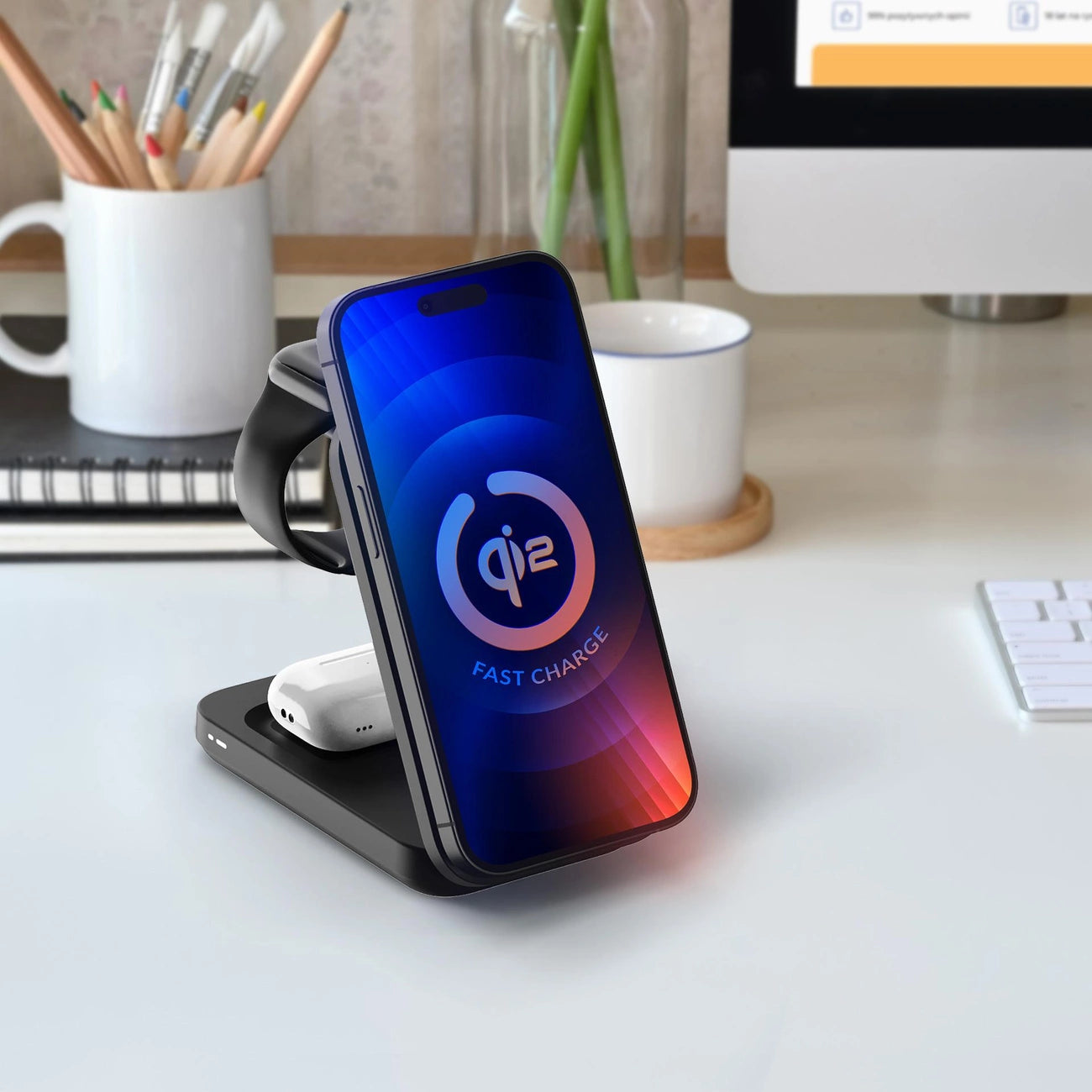 3mk MagRocket 3-in-1 15W Qi2 MPP MagSafe Kabelloses Ladegerät - Schwarz