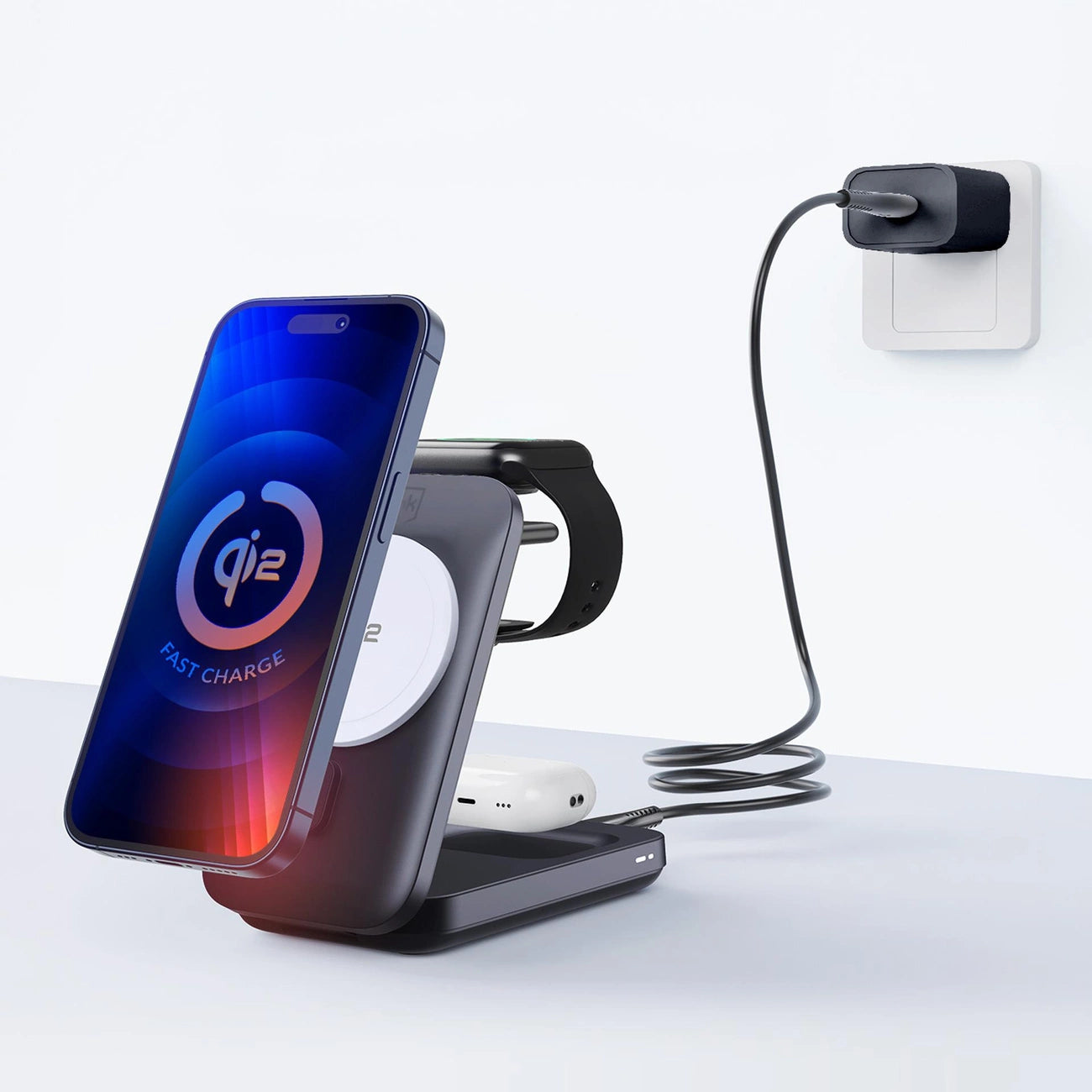 3mk MagRocket 3-in-1 15W Qi2 MPP MagSafe Kabelloses Ladegerät - Schwarz