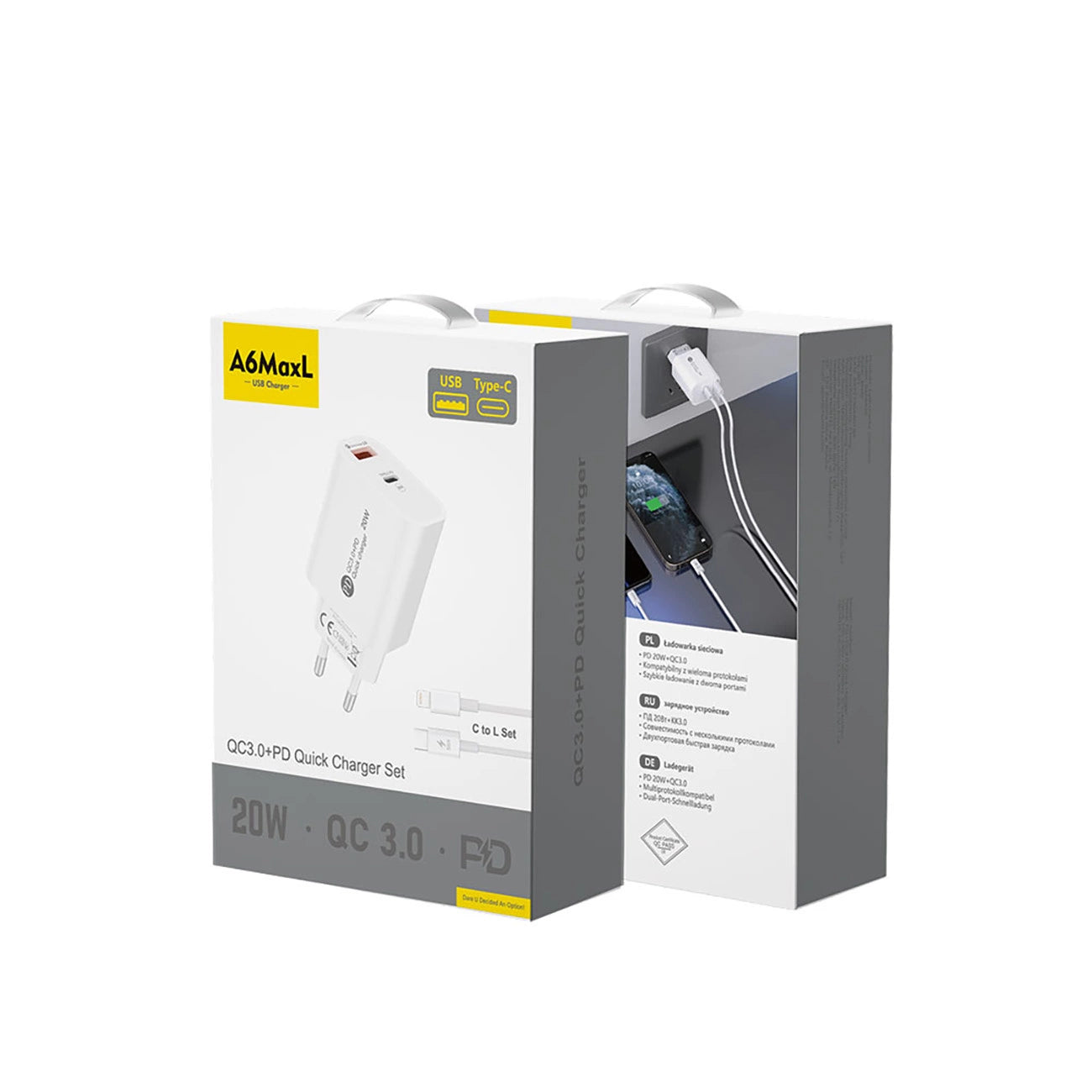 A6MaxL 20W USB-A USB-C Wandladegerät mit 1m USB-C - Lightning Kabel - Weiß