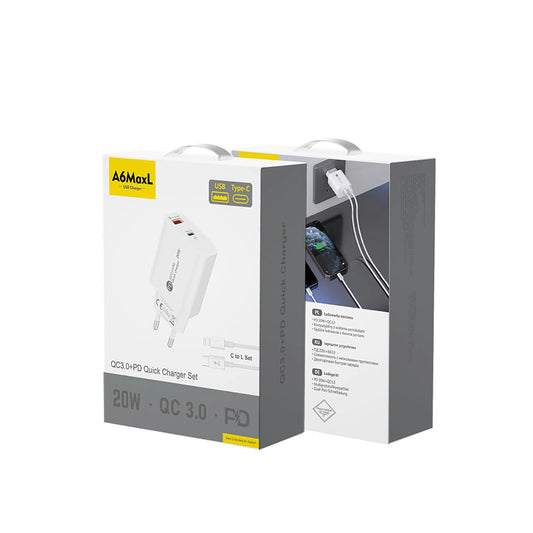 A6MaxL 20W USB-A USB-C Wandladegerät mit 1m USB-C - Lightning Kabel - Weiß