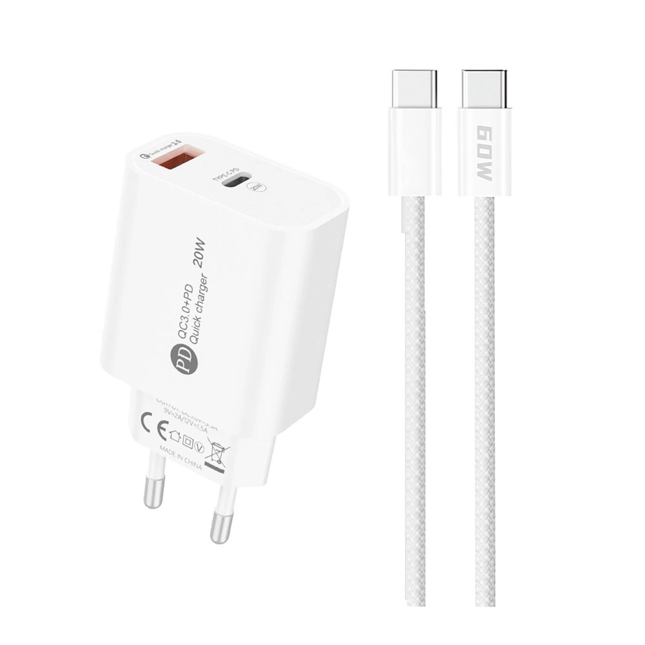 A6MaxL 20W USB-A USB-C Wandladegerät mit USB-C - USB-C 1m Kabel - weiß
