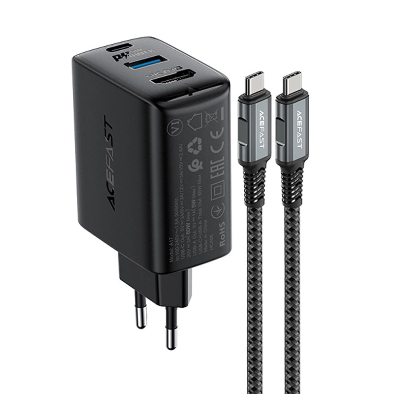 Acefast 2in1 Ladegerät GaN 65W USB Type C / USB, Adapter HDMI Adapter 4K 60Hz (Set mit Kabel) schwarz (A17 schwarz)