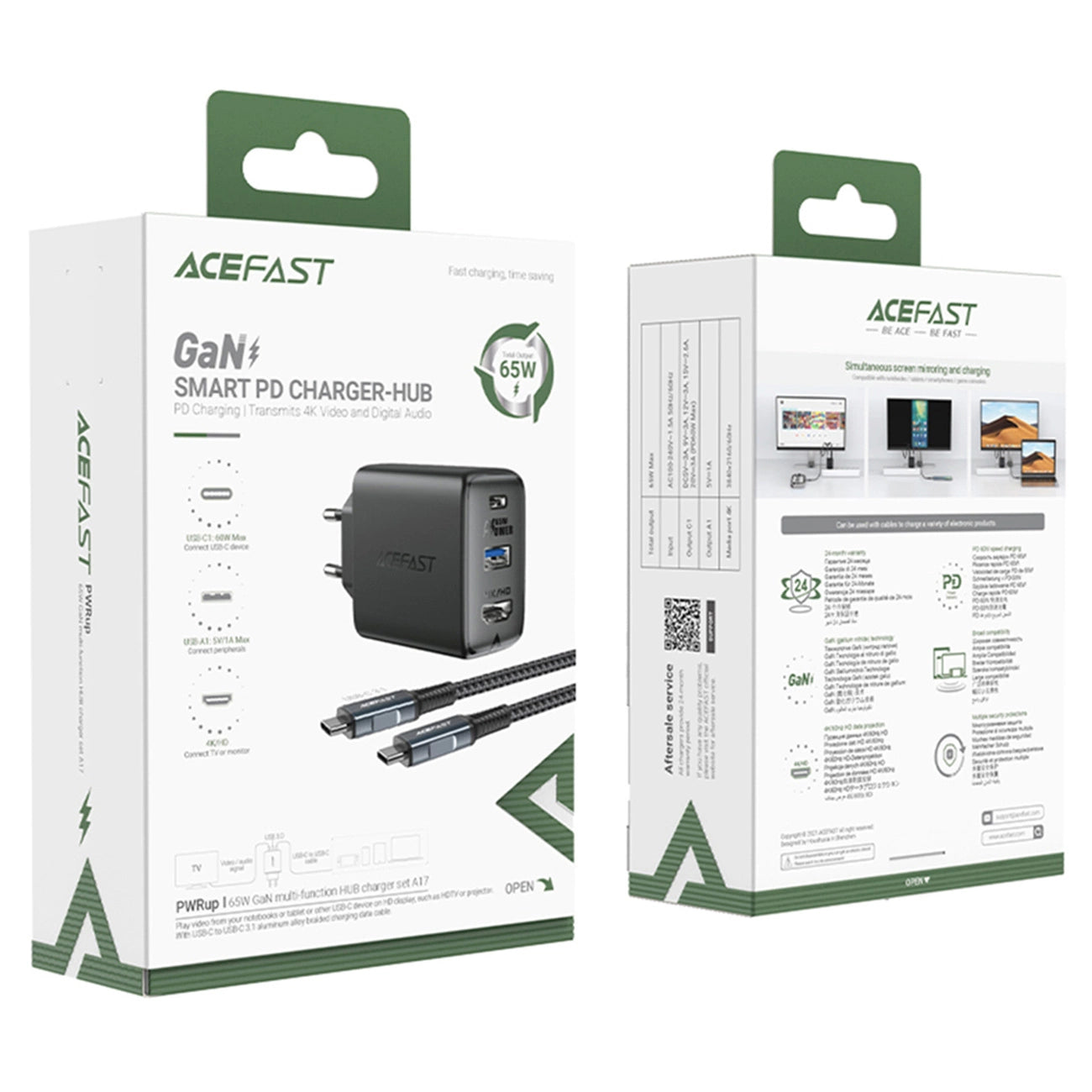 Acefast 2in1 Ladegerät GaN 65W USB Type C / USB, Adapter HDMI Adapter 4K 60Hz (Set mit Kabel) schwarz (A17 schwarz)