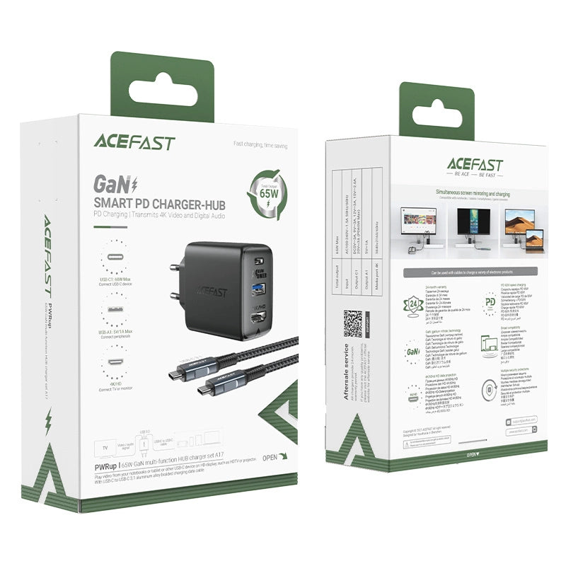 Acefast 2in1 Ladegerät GaN 65W USB Type C / USB, Adapter HDMI Adapter 4K 60Hz (Set mit Kabel) schwarz (A17 schwarz)