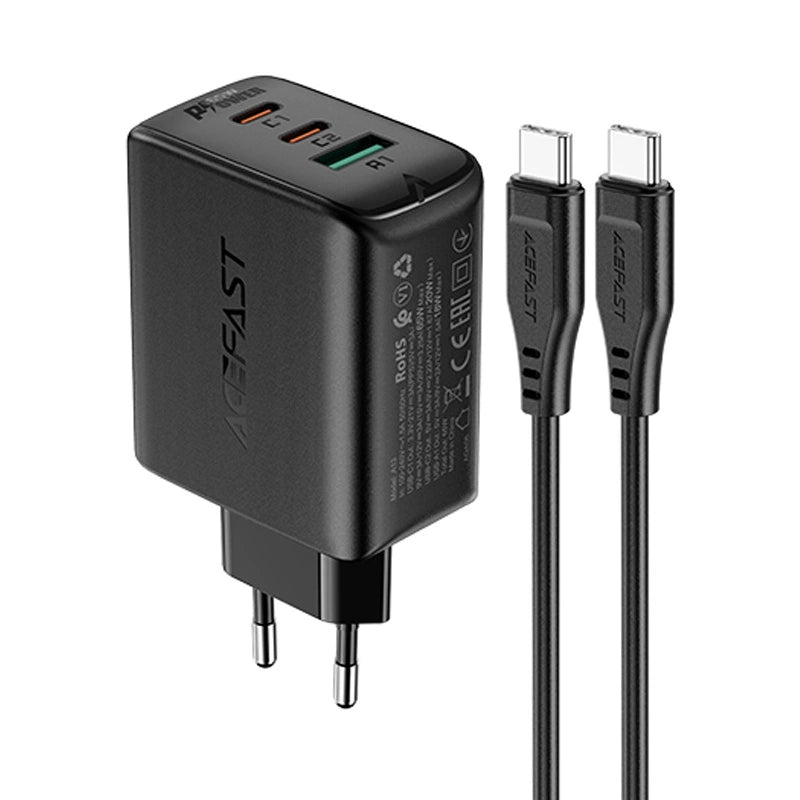 Acefast 2in1 Wandladegerät 2x USB-C / USB-A 65W, PD, QC 3.0, AFC, FCP (Set mit USB-C 1,2m Kabel) schwarz (A13 schwarz)