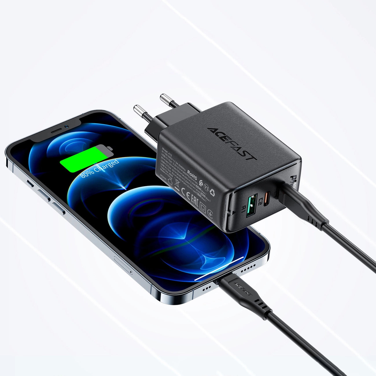 Acefast 2in1 Wandladegerät 2x USB-C / USB-A 65W, PD, QC 3.0, AFC, FCP (Set mit USB-C 1,2m Kabel) schwarz (A13 schwarz)