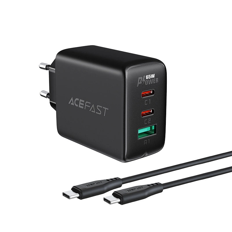 Acefast 2in1 Wandladegerät 2x USB-C / USB-A 65W, PD, QC 3.0, AFC, FCP (Set mit USB-C 1,2m Kabel) schwarz (A13 schwarz)