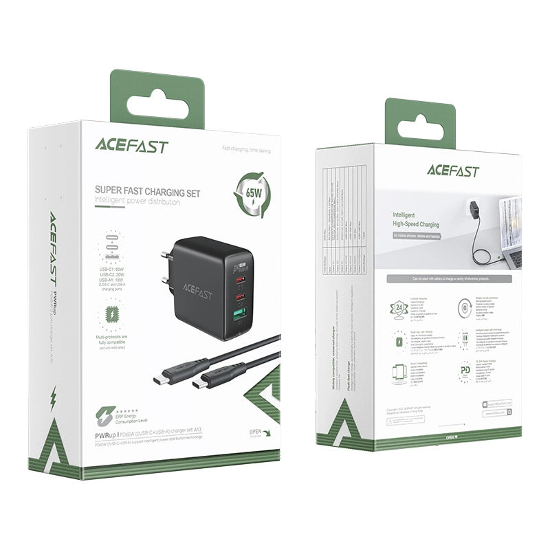 Acefast 2in1 Wandladegerät 2x USB-C / USB-A 65W, PD, QC 3.0, AFC, FCP (Set mit USB-C 1,2m Kabel) schwarz (A13 schwarz)