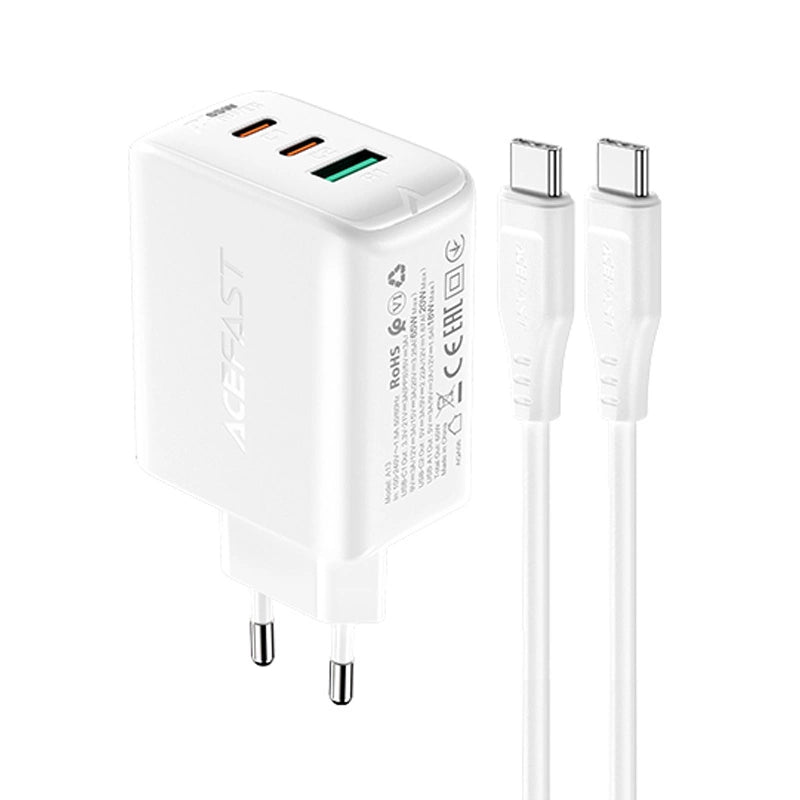Acefast 2in1 Wandladegerät 2x USB-C / USB-A 65W, PD, QC 3.0, AFC, FCP (Set mit USB-C 1,2m Kabel) weiß (A13 weiß)