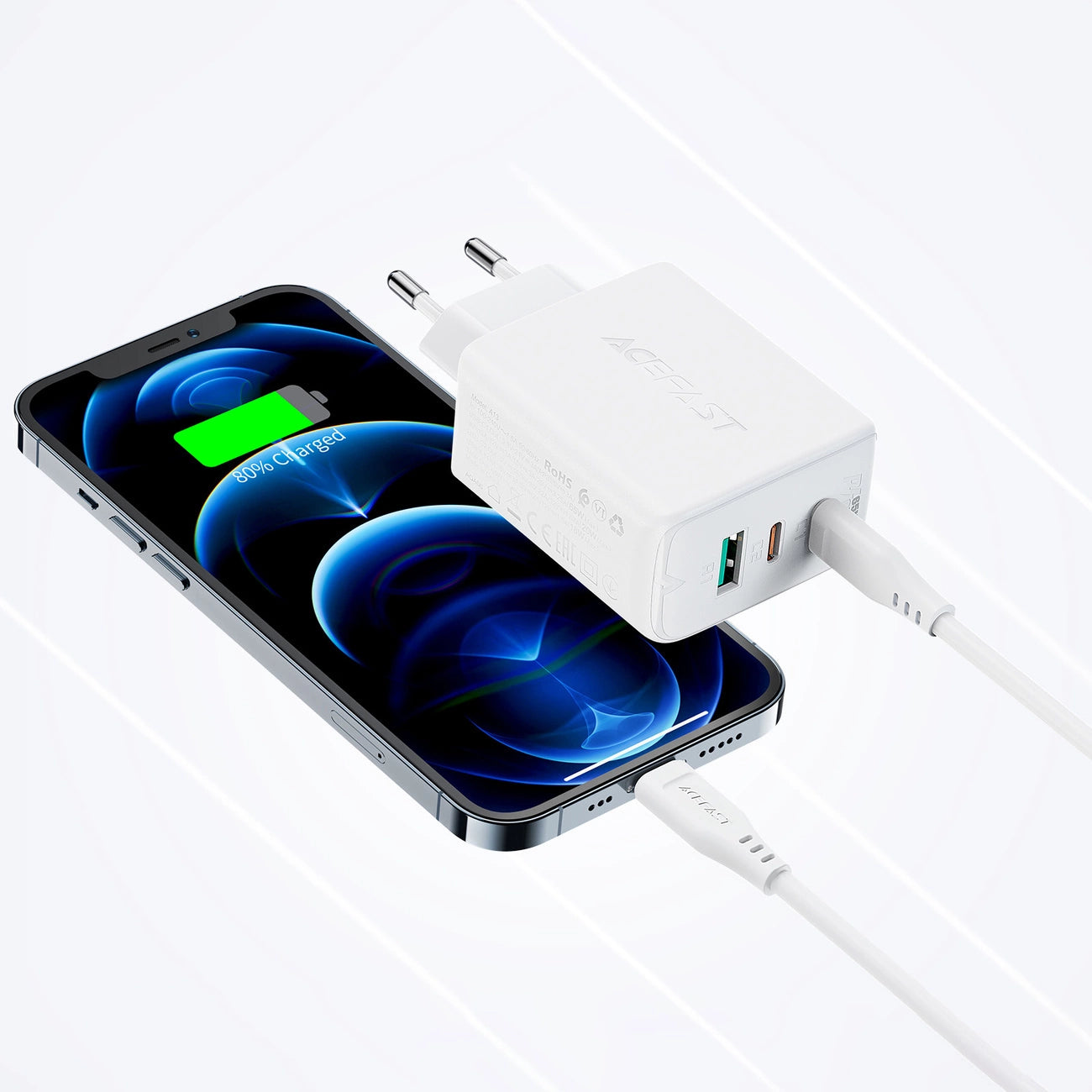 Acefast 2in1 Wandladegerät 2x USB-C / USB-A 65W, PD, QC 3.0, AFC, FCP (Set mit USB-C 1,2m Kabel) weiß (A13 weiß)