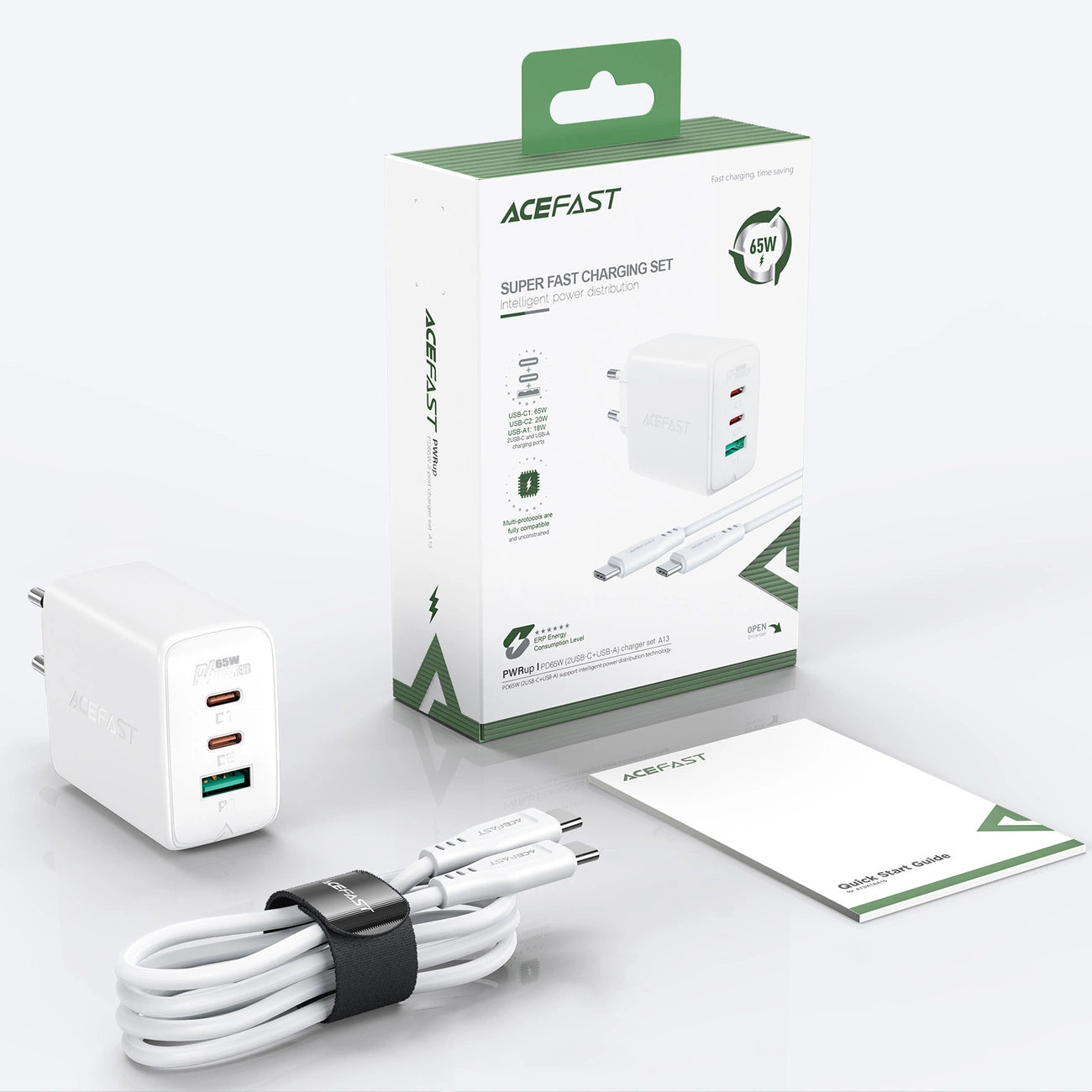 Acefast 2in1 Wandladegerät 2x USB-C / USB-A 65W, PD, QC 3.0, AFC, FCP (Set mit USB-C 1,2m Kabel) weiß (A13 weiß)