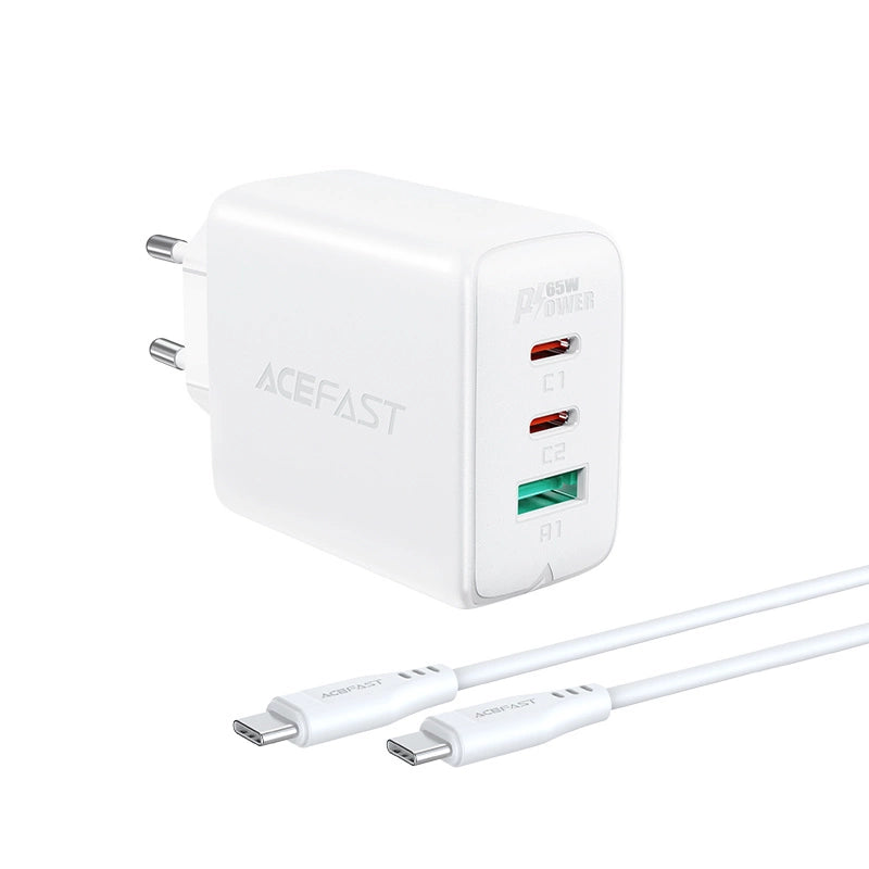 Acefast 2in1 Wandladegerät 2x USB-C / USB-A 65W, PD, QC 3.0, AFC, FCP (Set mit USB-C 1,2m Kabel) weiß (A13 weiß)