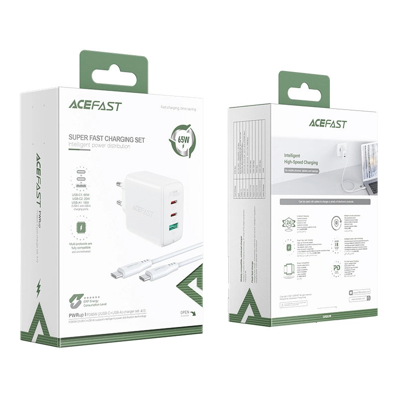 Acefast 2in1 Wandladegerät 2x USB-C / USB-A 65W, PD, QC 3.0, AFC, FCP (Set mit USB-C 1,2m Kabel) weiß (A13 weiß)