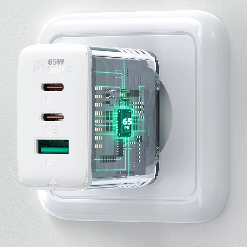 Acefast 2in1 Wandladegerät 2x USB-C / USB-A 65W, PD, QC 3.0, AFC, FCP (Set mit USB-C 1,2m Kabel) weiß (A13 weiß)