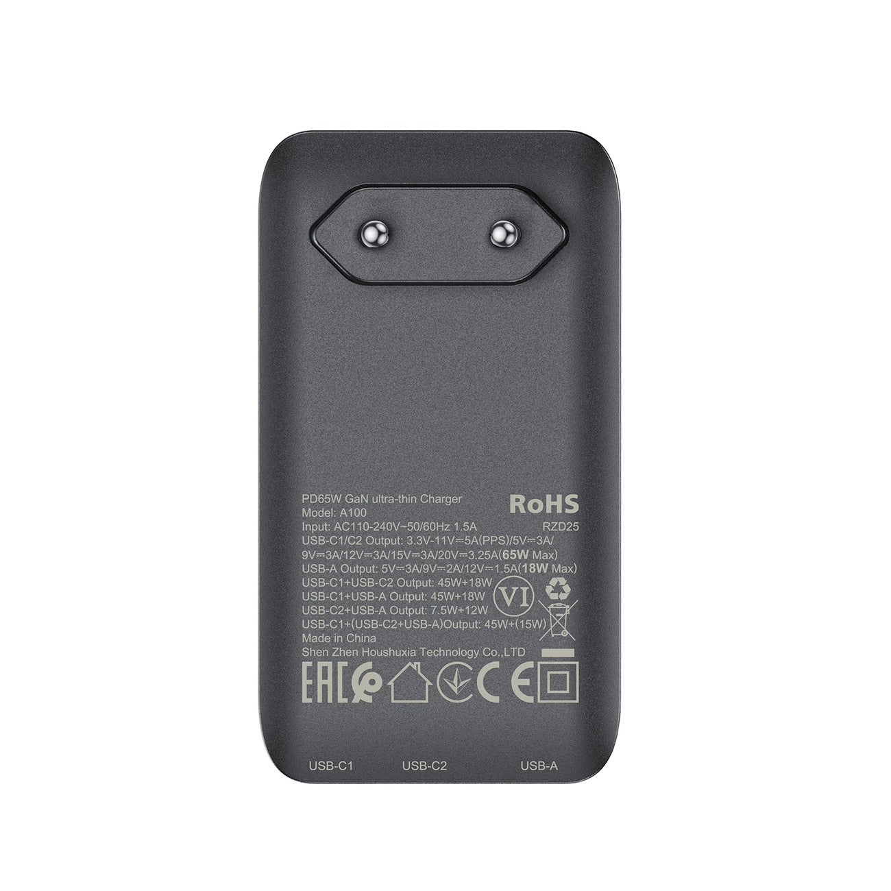 Acefast A100 65W GaN 2 USB-C+ USB-A Ladegerät ultradünn – Schwarz