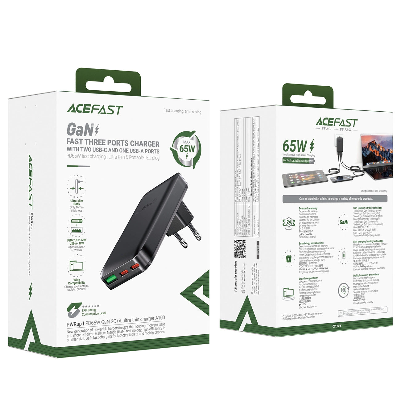 Acefast A100 65W GaN 2 USB-C+ USB-A Ladegerät ultradünn – Schwarz