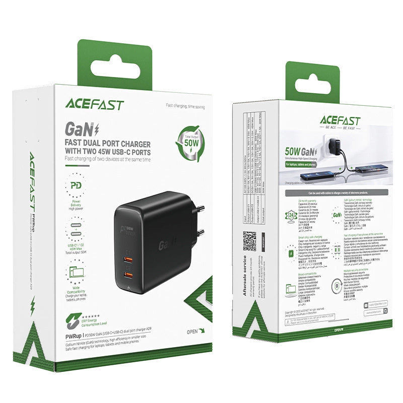 Acefast A29 PD50W GaN (USB-C + USB-C) Dual-Port-Ladegerät schwarz