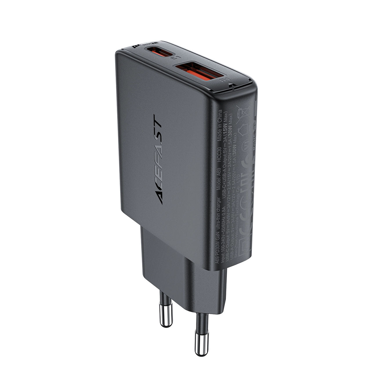 Acefast A69 PD 30W GaN USB-A USB-C ultraflaches Wandladegerät – Schwarz
