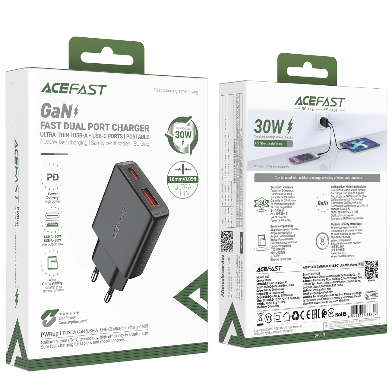 Acefast A69 PD 30W GaN USB-A USB-C ultraflaches Wandladegerät – Schwarz