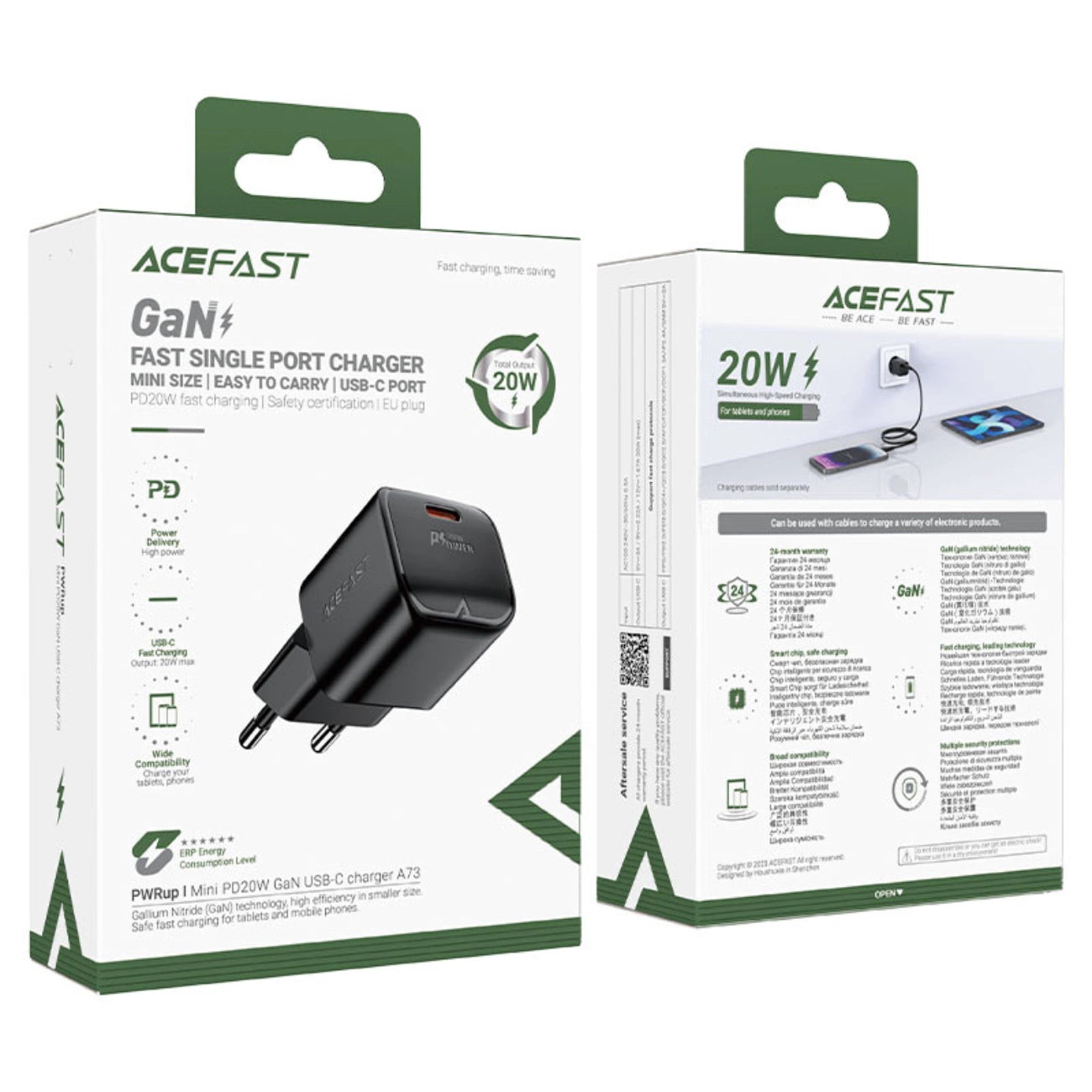Acefast A73 Mini PD 20W GaN USB-C Wandladegerät – Schwarz
