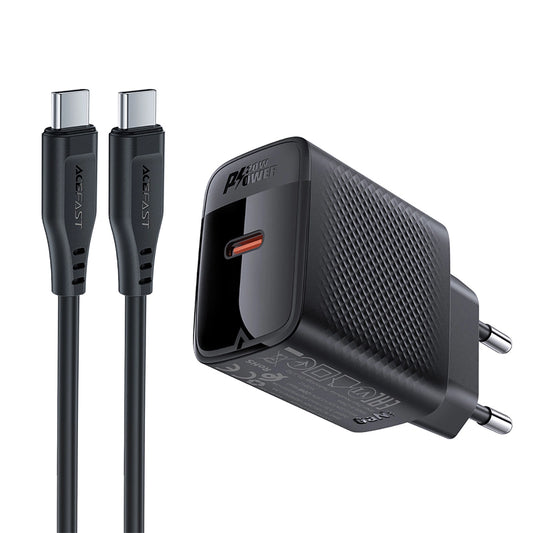 Acefast A82 GaN USB-C PD 20W Netzwerkladegerät - Schwarz + USB-C / USB-C-Kabel