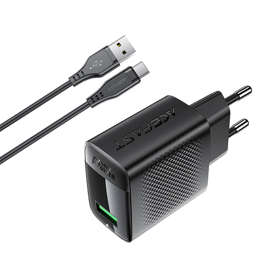 Acefast A90 GaN USB-A QC 18W Netzwerkladegerät - Schwarz + USB-A / USB-C-Kabel