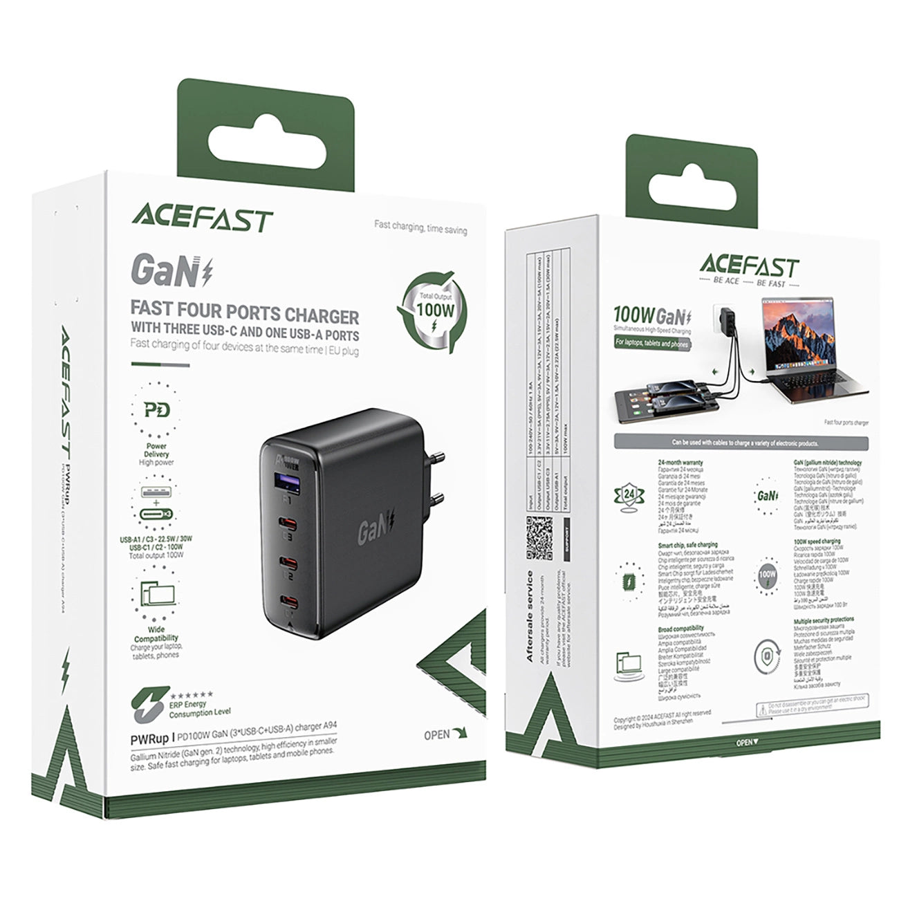 Acefast A94 GaN2 USB-A / 3x USB-C PD 100W Netzwerkladegerät - Schwarz
