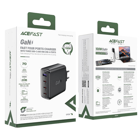 Acefast A94 GaN2 USB-A / 3x USB-C PD 100W Netzwerkladegerät - Schwarz