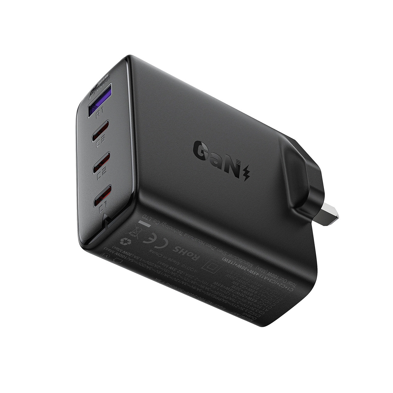 Acefast A97 PD100W GaN-Wandladegerät (3 x USB-C + USB-A) mit UK-Stecker – Schwarz