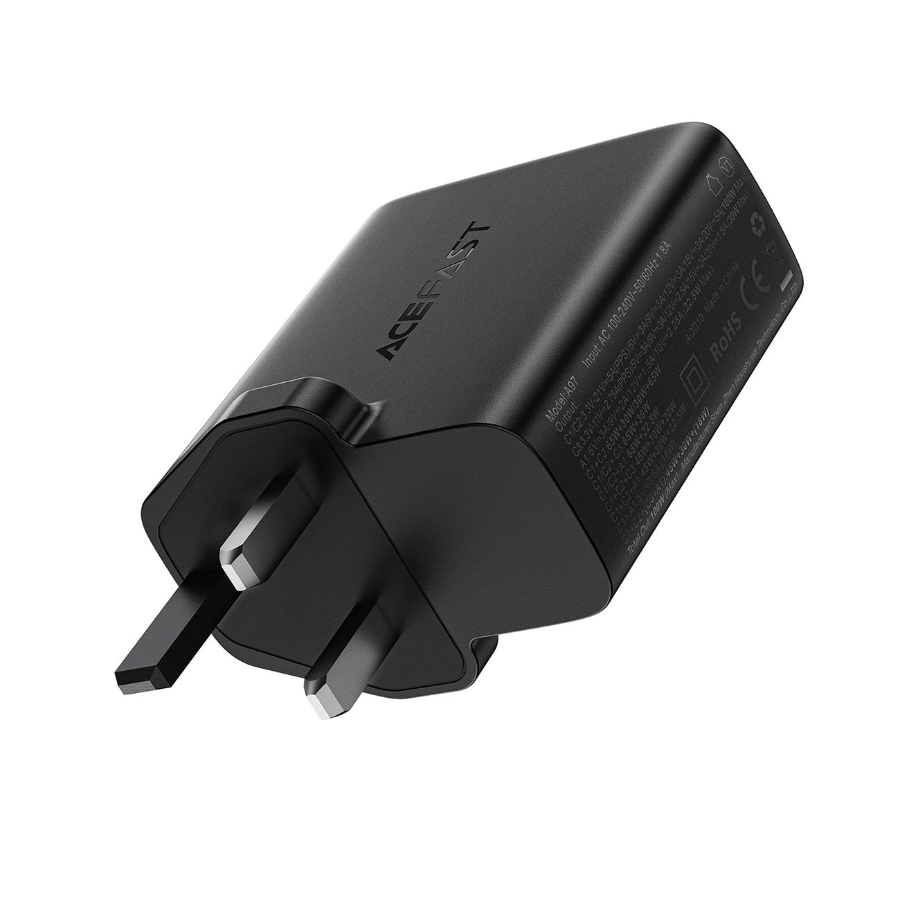 Acefast A97 PD100W GaN-Wandladegerät (3 x USB-C + USB-A) mit UK-Stecker – Schwarz