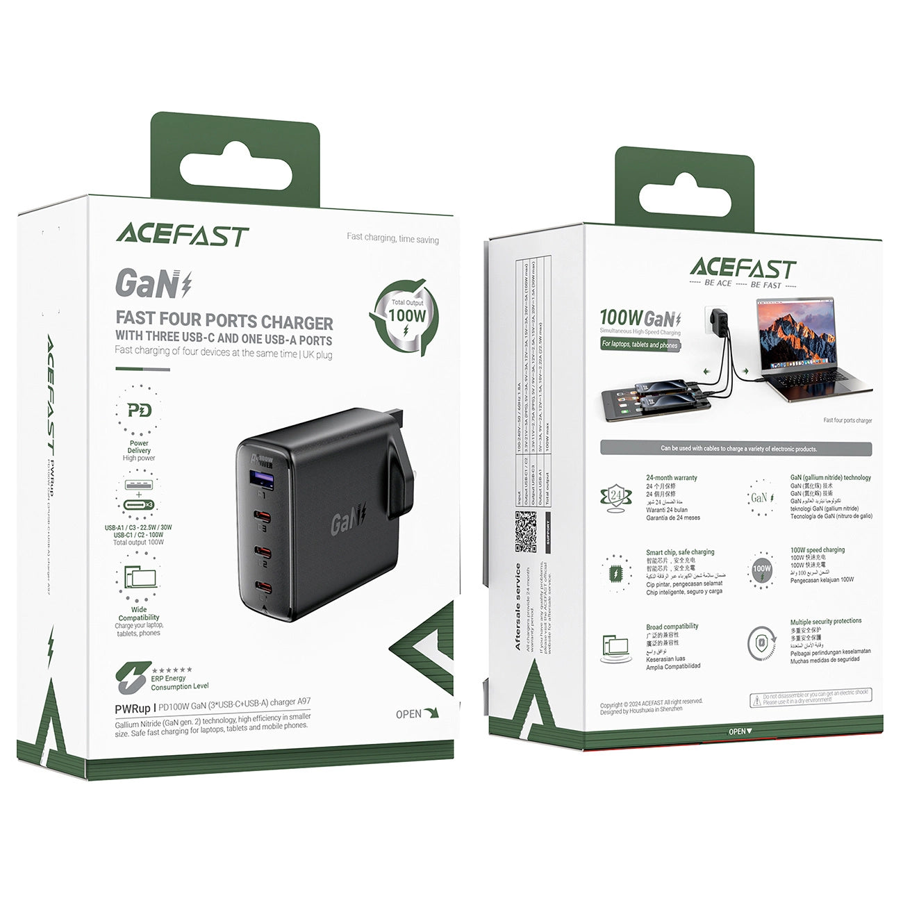 Acefast A97 PD100W GaN-Wandladegerät (3 x USB-C + USB-A) mit UK-Stecker – Schwarz