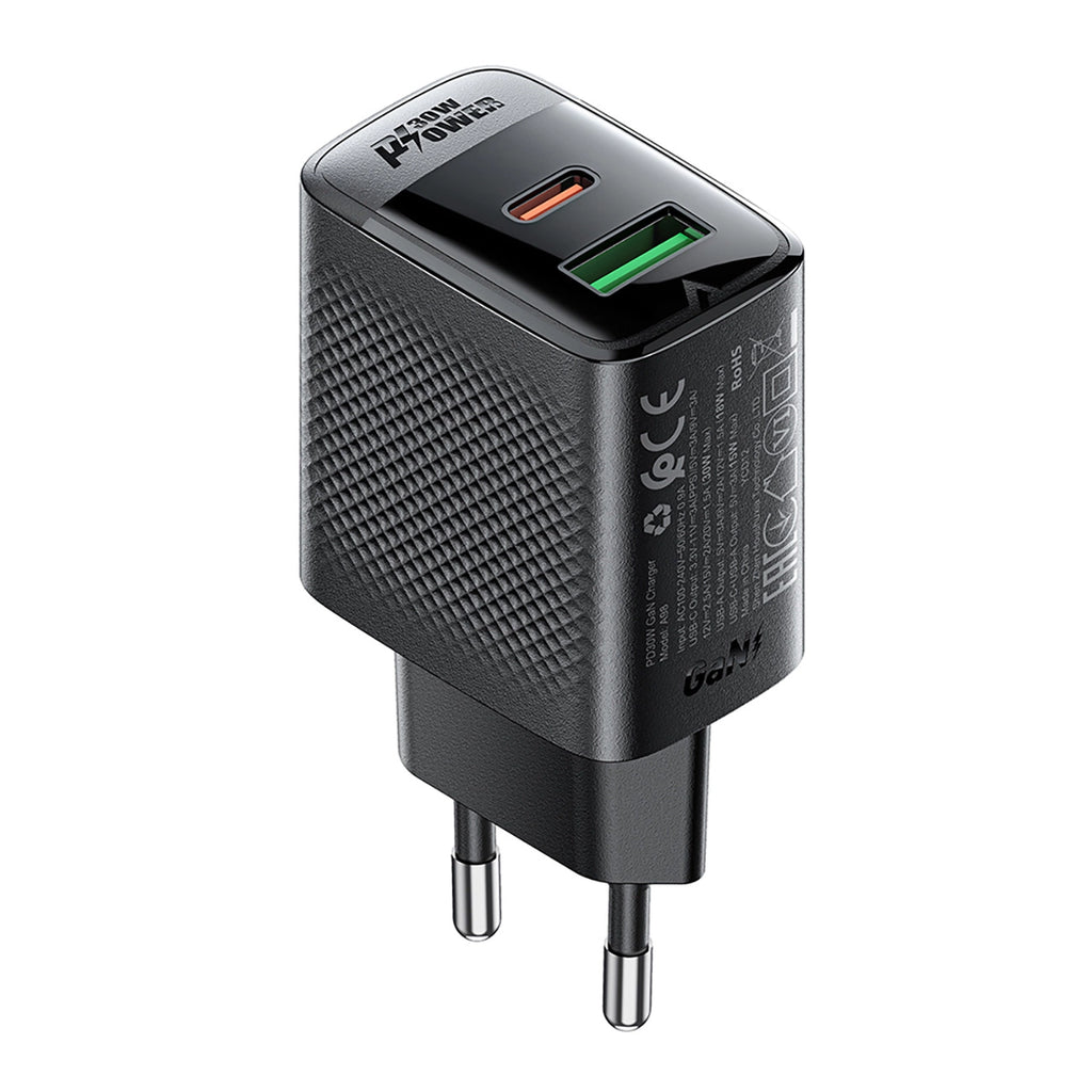 Acefast A98 GaN USB-A / USB-C PD 30W Netzwerkladegerät - Schwarz