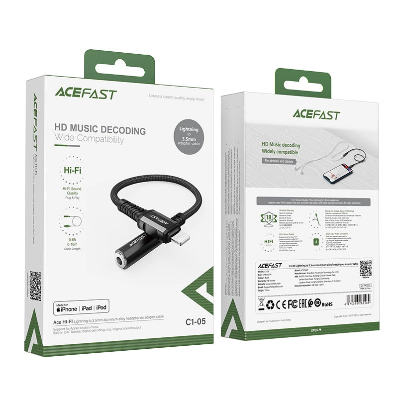 Acefast Audiokabel MFI Lightning - 3,5 mm Miniklinke (weiblich) 18 cm, AUX schwarz (C1-05 schwarz)