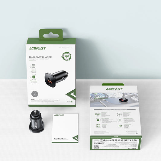 Acefast Autoladegerät 38W USB Typ C / USB, PPS, Power Delivery, Quick Charge 3.0, AFC, FCP schwarz (B1 schwarz)