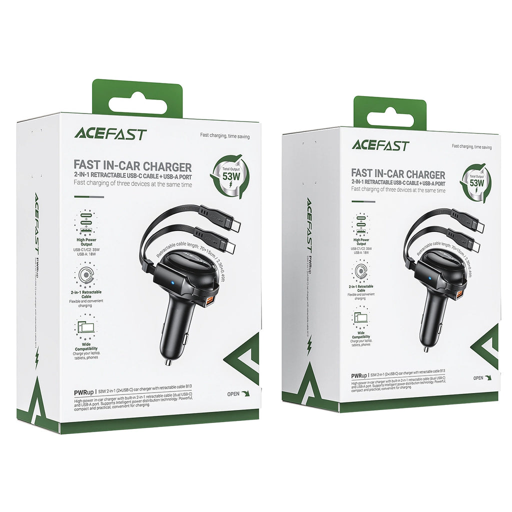 Acefast B13 Autoladegerät 53W USB-A / 2 USB-C Rollkabel - Schwarz