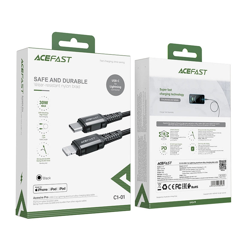 Acefast C1-01 Lightning – USB-C MFi PD-Kabel 30 W 3 A 480 Mbit/s 1,2 m – Schwarz