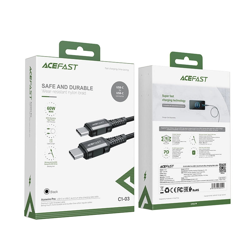 Acefast C1-03 USB-C – USB-C PD QC-Kabel 60 W 3 A 480 Mbit/s 1,2 m – Schwarz