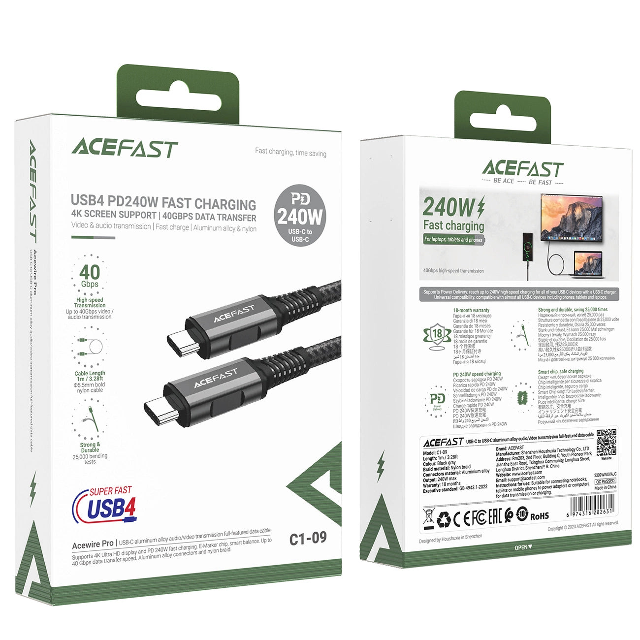 Acefast C1-09 USB-C / USB-C USB4 PD3.1 Kabel 5A 1m - grau-schwarz