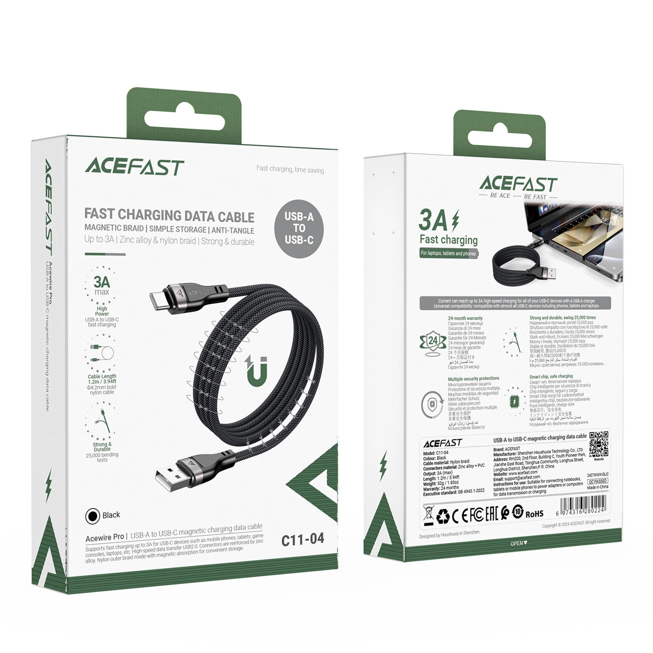 Acefast C11-04 USB-A - USB-C 3A Kabel 1,2m Magnetgeflecht - Schwarz
