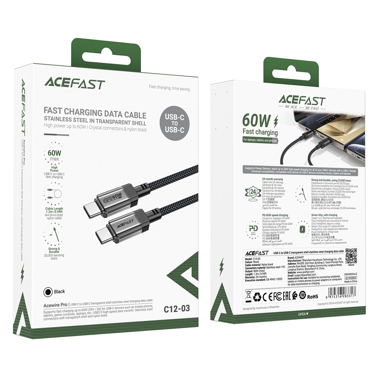 Acefast C12 USB-C / USB-C PD-Kabel 60 W 480 MB/mit Nylongeflecht – Schwarz