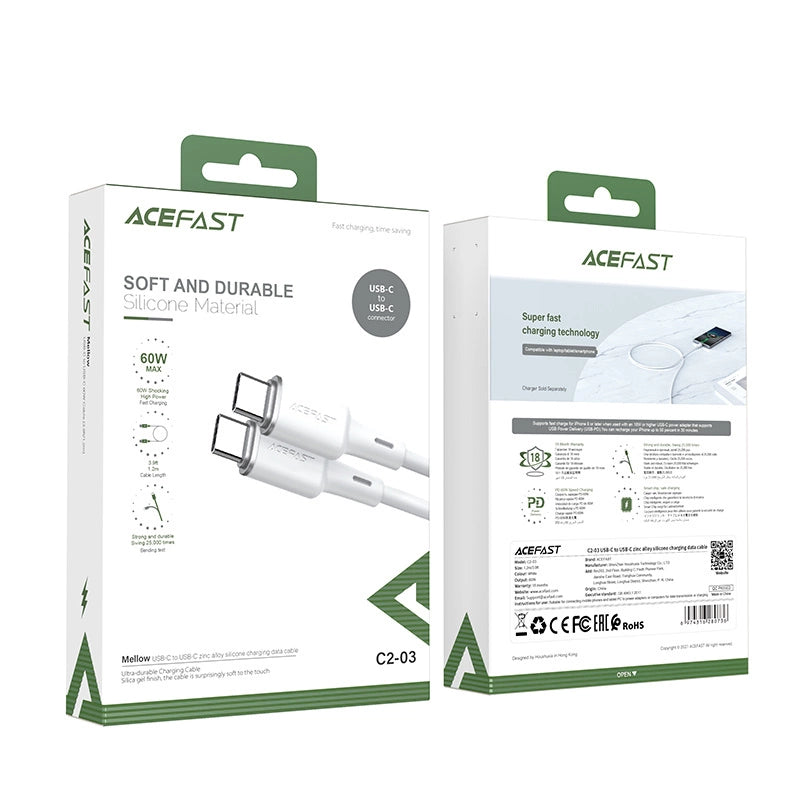 Acefast C2-03-CC USB-C – USB-C PD QC-Kabel 60 W 3 A 480 Mbit/s 1,2 m – Weiß