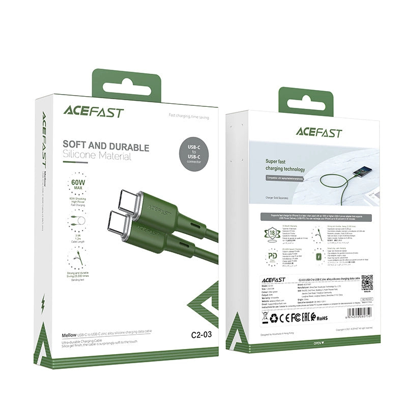 Acefast C2-03-CC USB-C – USB-C PD QC-Kabel 60 W 3 A 480 Mbit/s 1,2 m – grün