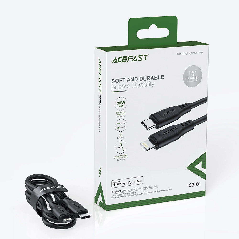 Acefast C3-01 Lightning – USB-C PD-Kabel 30 W 3 A 480 Mbit/s 1,2 m – Weiß