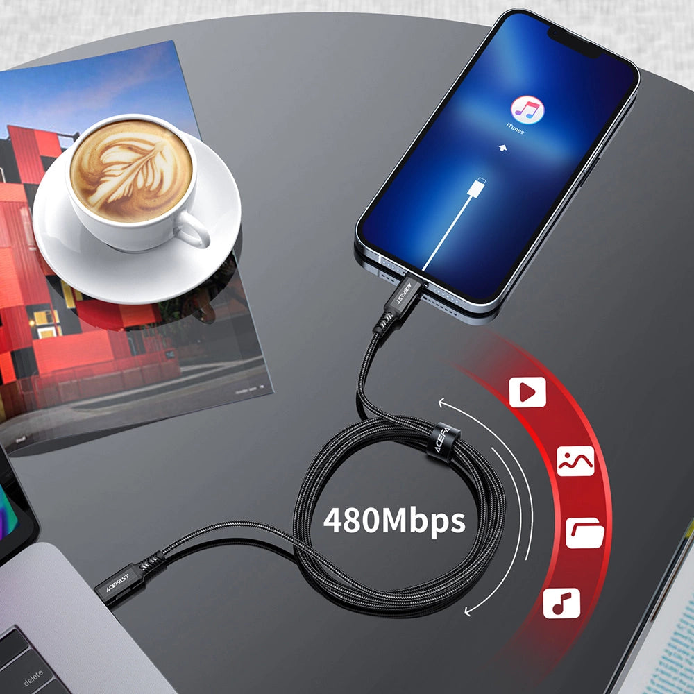 Acefast C4-01 Lightning – USB-C PD-Kabel 30 W 3 A 480 Mbit/s 1,8 m – Schwarz