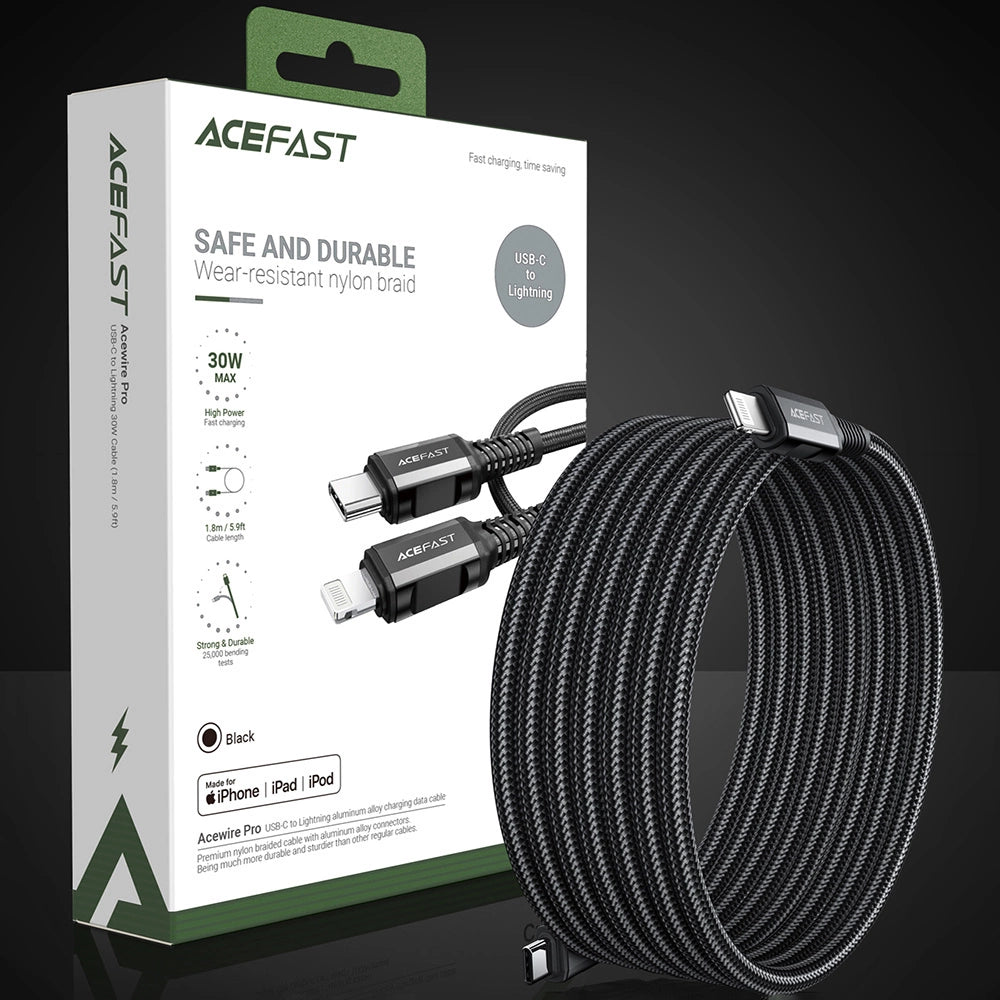 Acefast C4-01 Lightning – USB-C PD-Kabel 30 W 3 A 480 Mbit/s 1,8 m – Schwarz