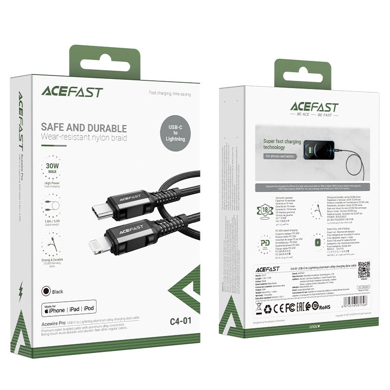 Acefast C4-01 Lightning – USB-C PD-Kabel 30 W 3 A 480 Mbit/s 1,8 m – Schwarz